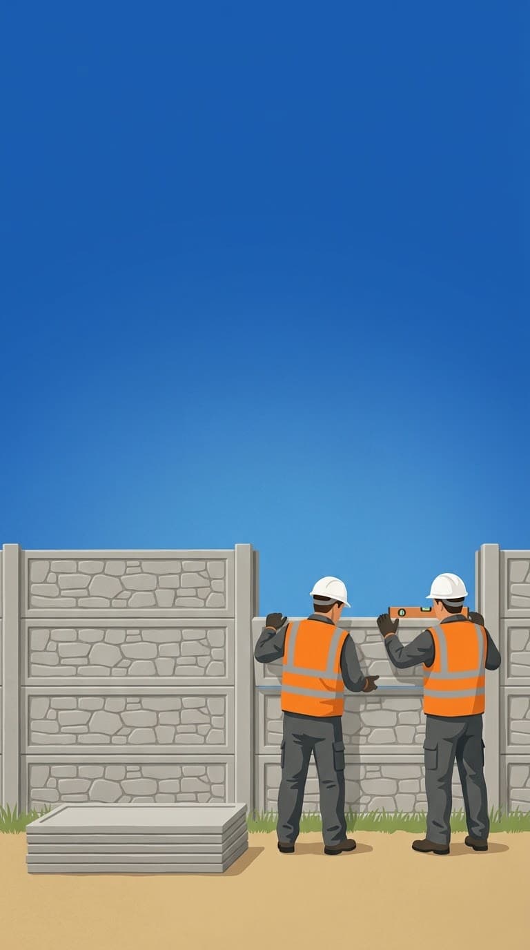 Két munkás betonkerítést épít egy tiszta, kék ég alatt